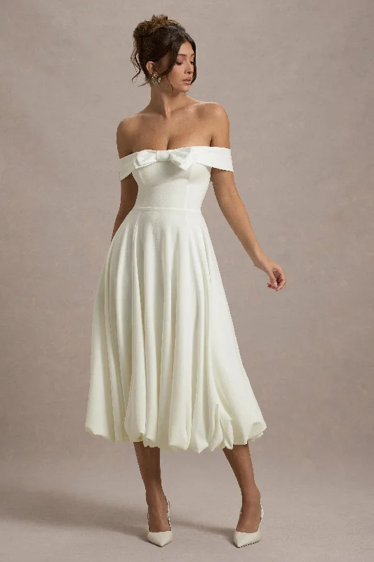 Calliopia | Cream Bow Bardot Midi Dress With Puff-Ball Skirt