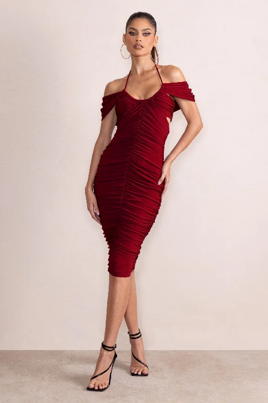 Dulcie | Burgundy Halter Neck Cut Out Ruched Midi Dress