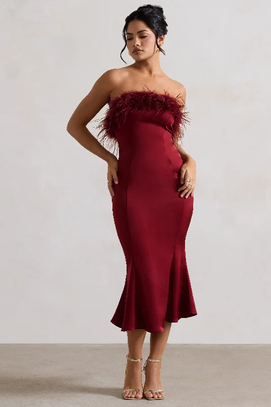 One And Only | Berry Satin Feather Trim Midi Dress