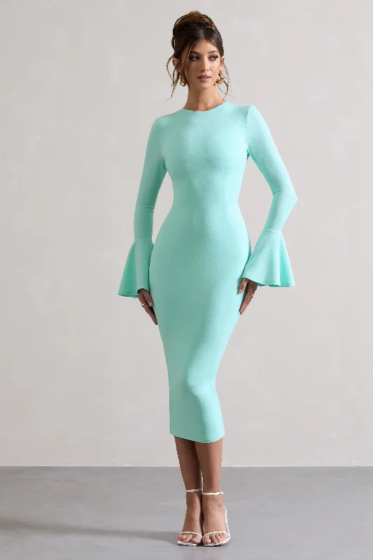 Rhyanne | Mint Bodycon Flared-Sleeve Midi Dress